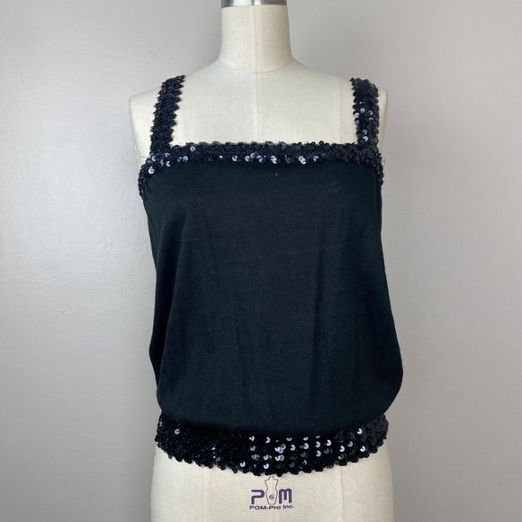Vintage 1970s Black Tank Top with Sequin Straps & Waistband, Toppettes Size S-L - Picture 1 of 7